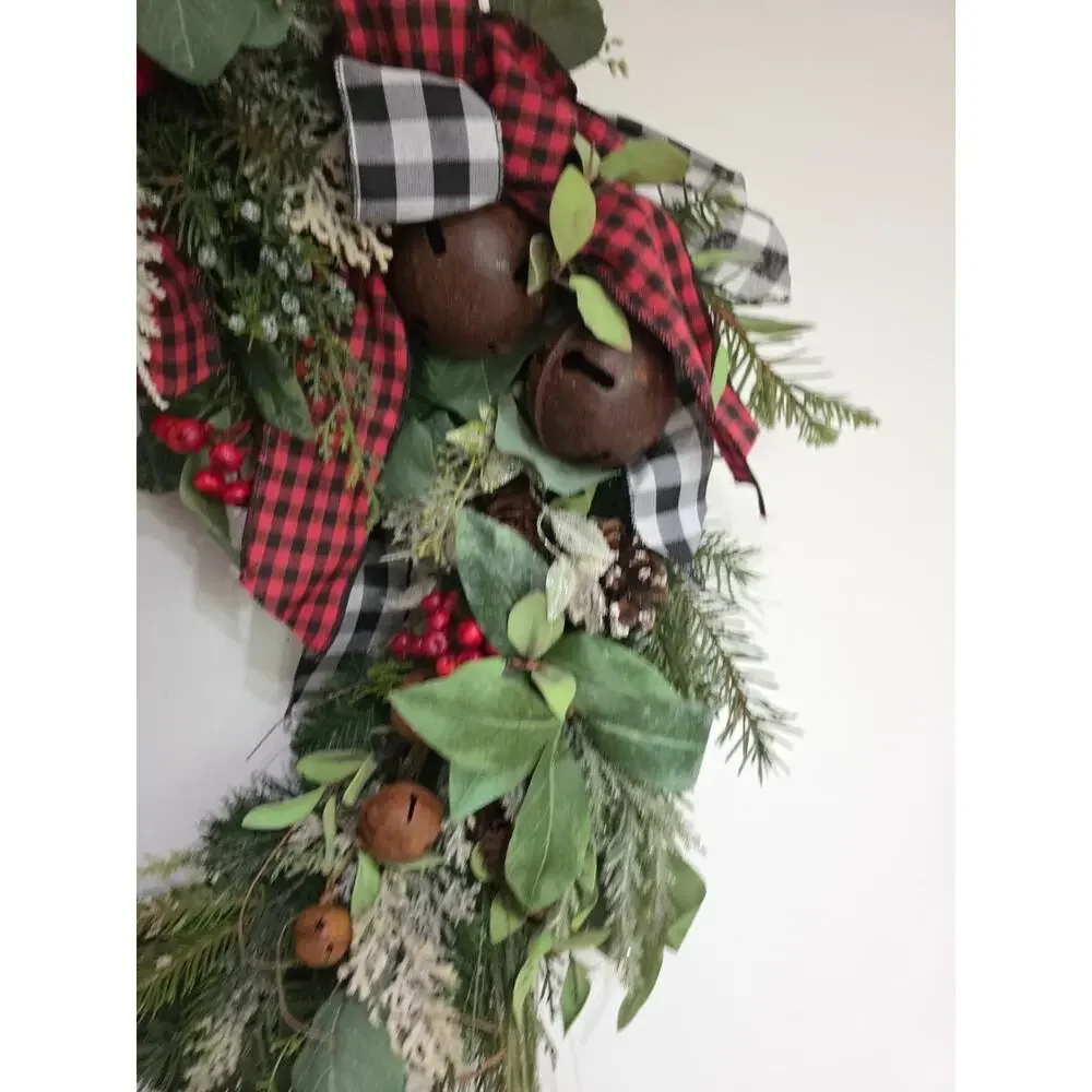 Handmade Buffalo Plaid Farmhouse Christmas Wreath Bells Berries Pinecones